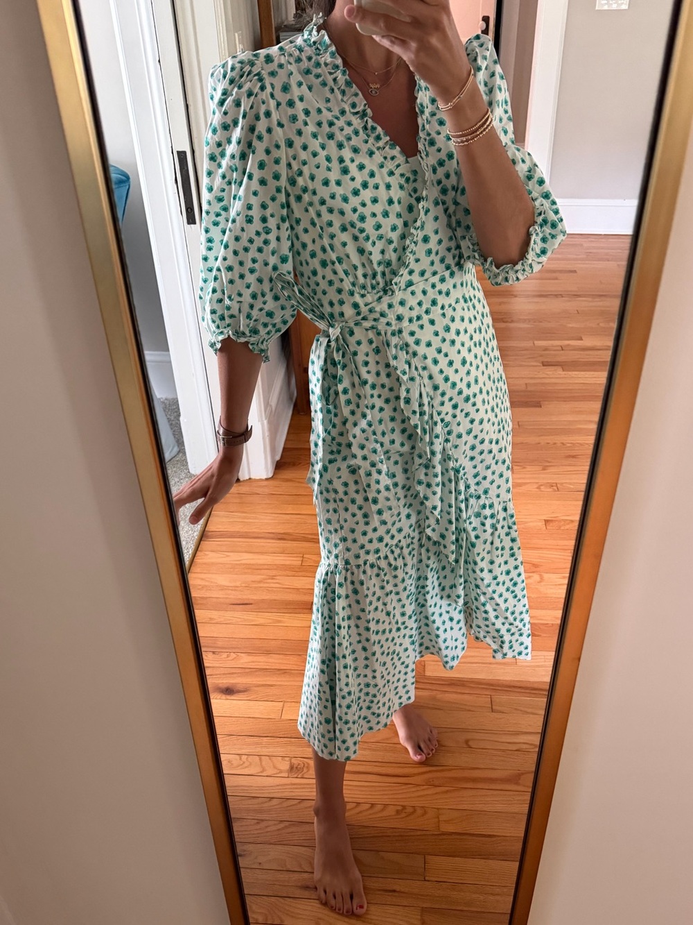 Rebecca Taylor White Midi Wrap Dress with Green Floral Print